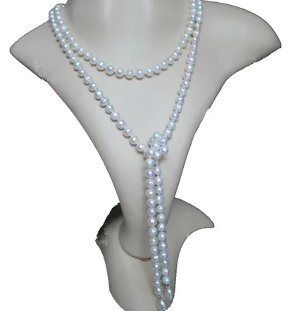 

Hot sell 50"long white freshwater pearl necklace sweater chain variety wearing methods fashion jewelry