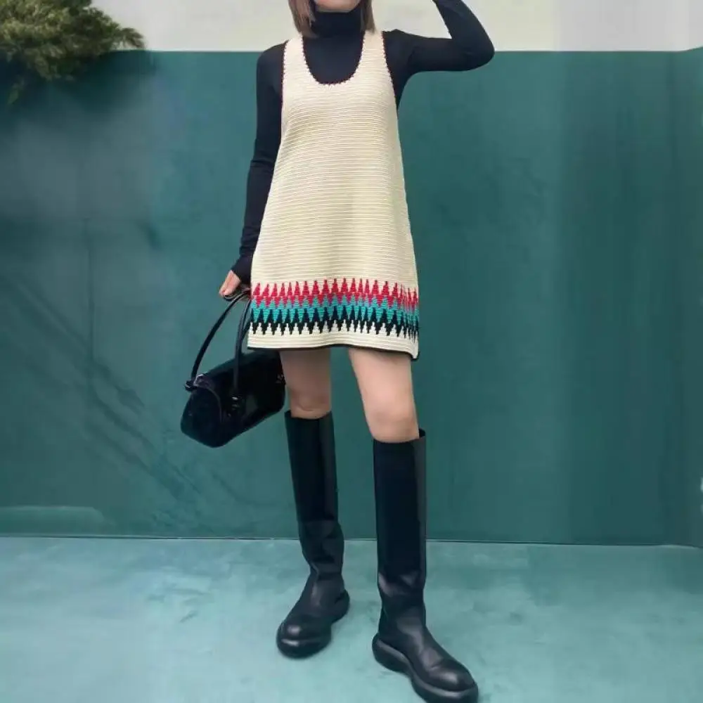 

Женское свободное короткое платье без рукавов, Брендовое винтажное дизайнерское платье контрастных цветов с вышивкой в виде волн на низ, весна-лето