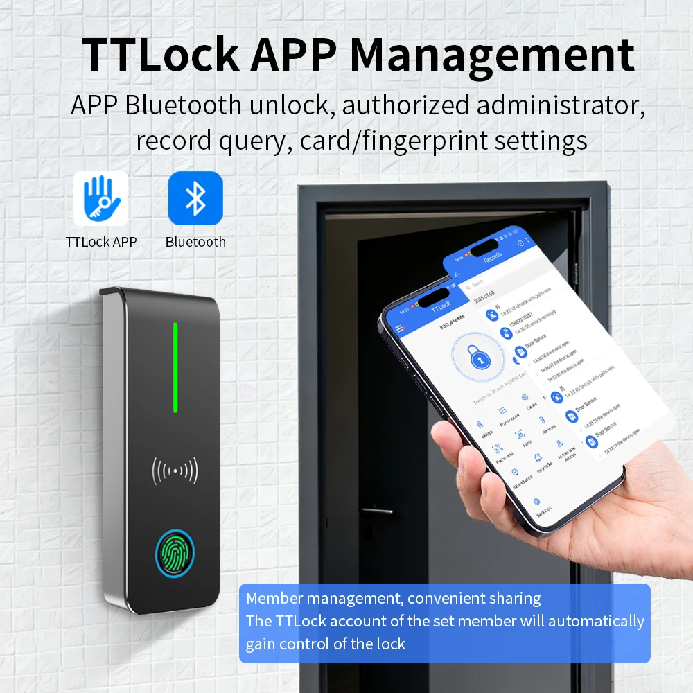 TTLock 블루투스 액세스 제어 시스템 지원 지문 인식 앱 원격 잠금 해제 RFID 카드 모바일 NFC IP67 방수 ABS 소재