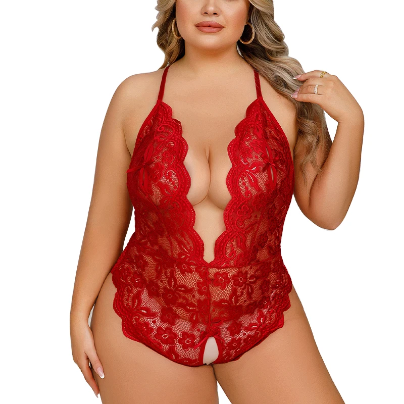 Plus Size One Piece Sexy Women Underwear Set Erotic Lace Lingerie Suspender Hollowed Out Pajama Open Crotch Hot Woman Bodysuit