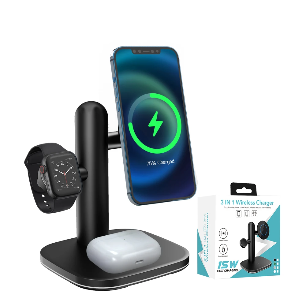 

3 In 1 Magnetic Wireless Charger Stand 15W Qi Fast 3 in 1 Wireless Charger Station Black For iPhone 12 13 Pro