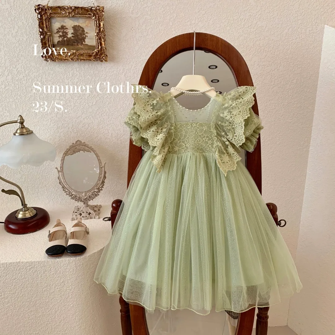 

Girl's Summer Pearl Lace Puffy Dress Fashion Lace Bubble Sleeve Mesh Princess Dress Party Dress for Kids Girl