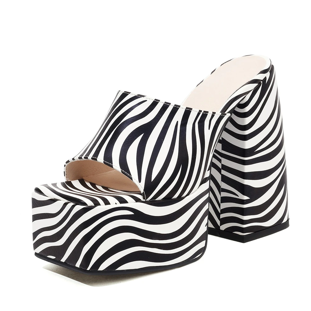 GIGIFOX Zebra Print 2022 Fashion Slip On Mules Chunky Platform Block