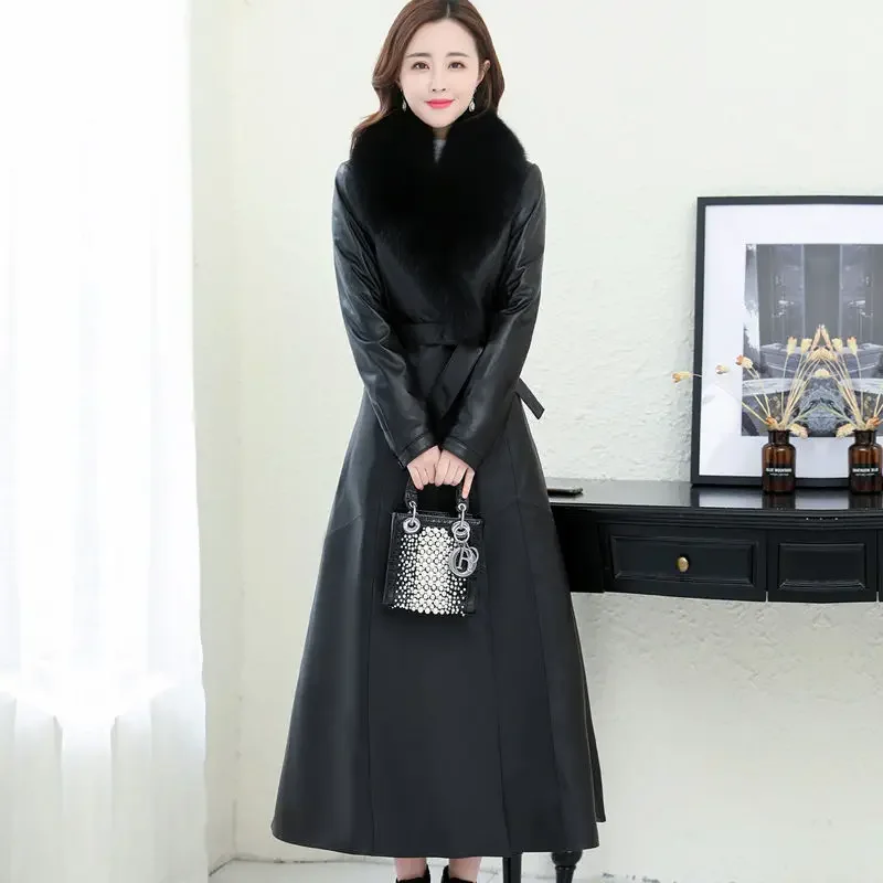 

Real Leather Jacket Women Long Genuine Leather Down Jacket Female's Top Fashion Sheepskin Leather Coat Fox Fur Collar Jacket Zm