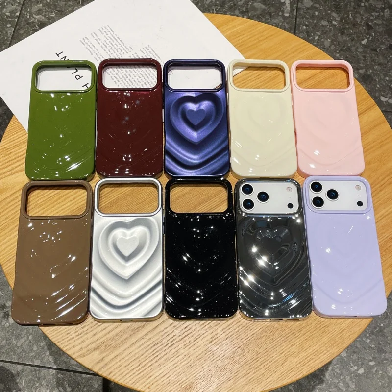 Glossy Love Heart Phone Case with 3D Wavy Pattern and Plating - Fashionable Shockproof Cover