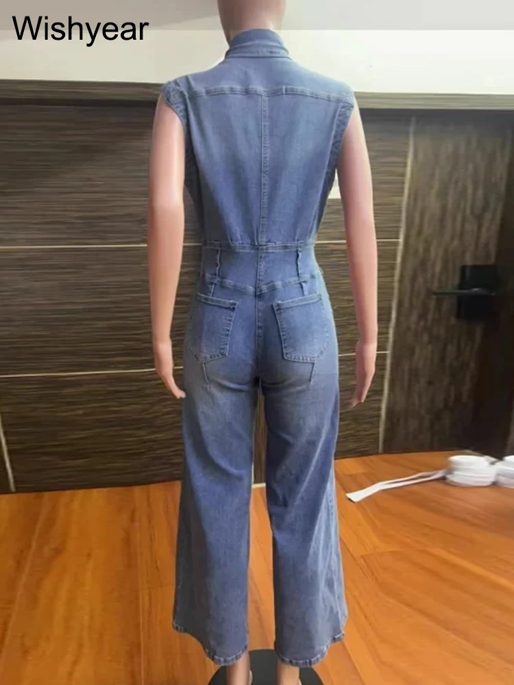 Vintage Loose Denim Wide Leg Pants Jumpsuit Women Pocket Sleeveless Single Breasted Baggy Jean One Piece Rompers Street Overalls images - 6