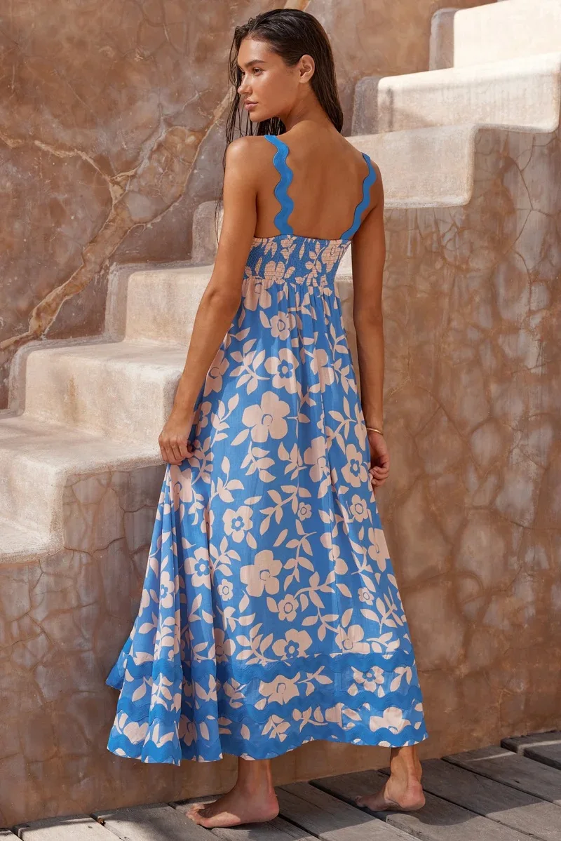 Bohemian Summer Printed A-line Long Dress Sexy Backless Holiday Beach Spaghetti Strap Dresses For Women Maxi Vestidos Para Mujer