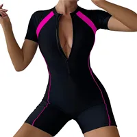 Female Summer One-piece Solid Color Patchwork Flat Angle Short Sleeved Zippered Swimsuit Sun Protection Quick-Drying Swimwear - Image 3