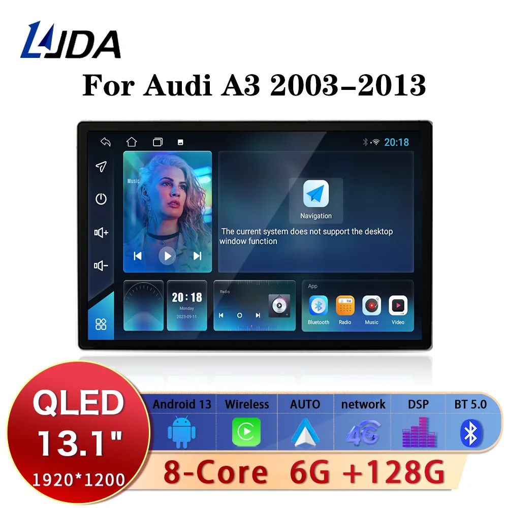 Ljda-Autoradio Android 13 Pour Audi A3 2 8P 13.1 2003-2004, Carplay Sans Fil, Gps Stéréo, Rds, 2013