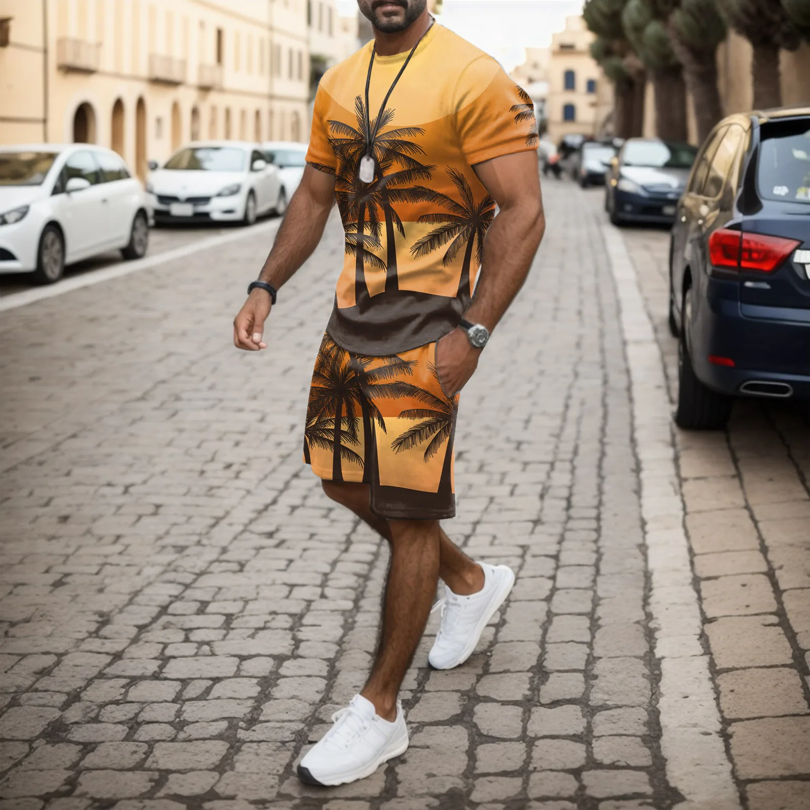 

Tracksuit 2 Piece Set Men Summer Outfit Beach Short Sleeve Hawaiian T-Shirt With Short Pantswith Pockets Oversized Outfits Male