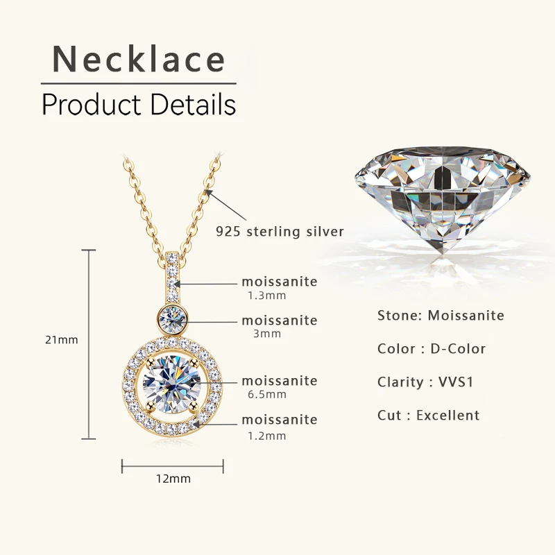Pendant Necklace Silver Necklace Silver Pendant Silver Necklace Charms Moissanite Necklace 925 Sterling Silver Clavicle Chain Necklaces 6.5MM Moissanite Necklace for Women