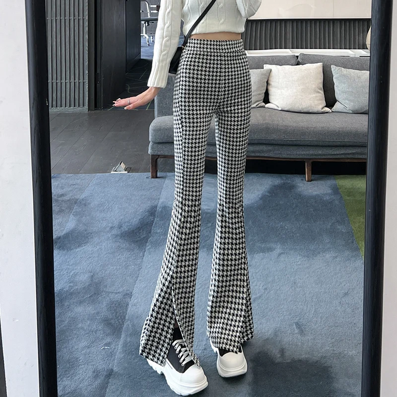 

High Waist Slim Trousers New Pantalones De Mujer Korean Fashion Bell-Bottomed Pant Fashion Argyle Plaid Flare Pants