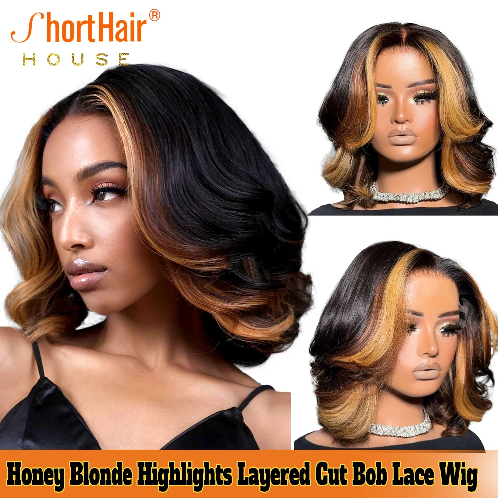 Glueless Wigs Human Hair Highlight Blonde Lace Closure Wavy Human Hair Wigs Brazilian Layered Cut 360 Lace Bob