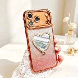 Magnetic Diamond Heart Mirror Shockproof Bracket Phone Case - iPhone 15 Plus (Orange)