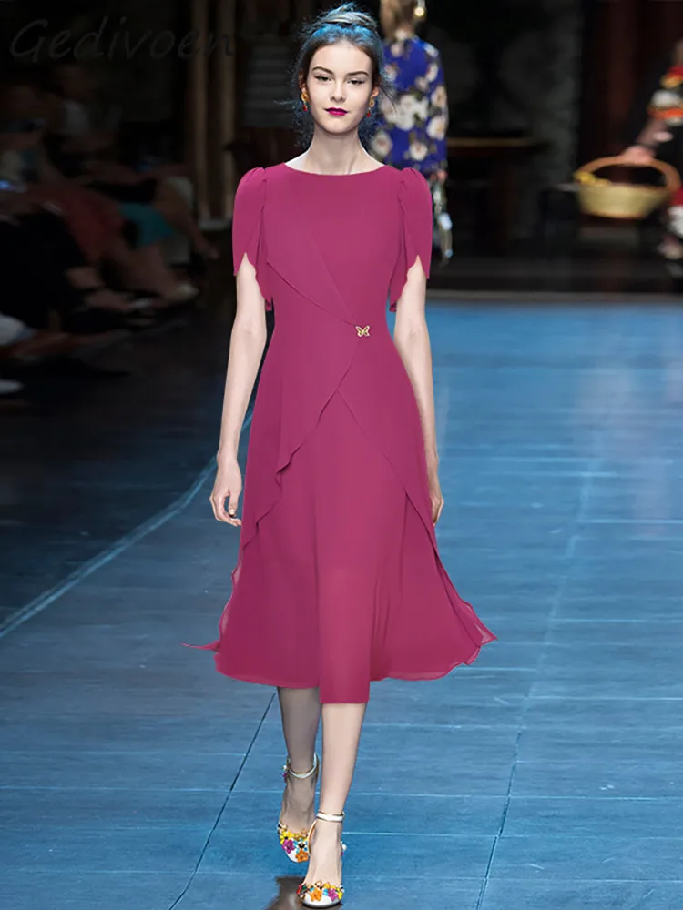 

Женское модельное винтажное платье-миди Gedivoen, летнее однотонное платье с круглым вырезом и оборками, платье с бантом и присборенной талией