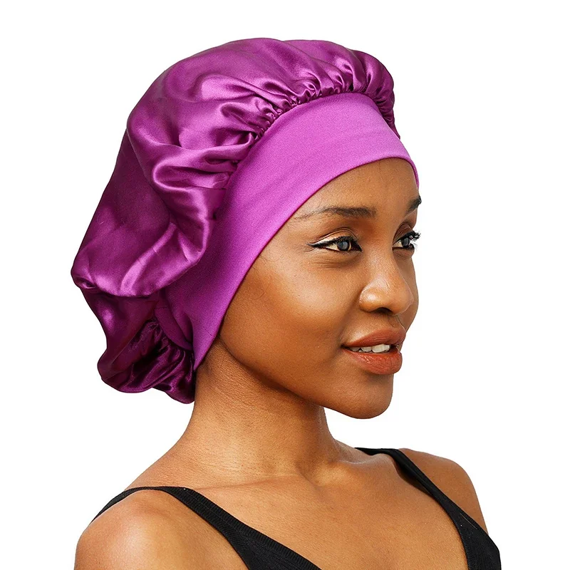 Women's Satin Solid Wide-brimmed Sleeping Hat Unisex Head Wrap Elastic Band Cap Hair Care Bonnet Night sleeping hat
