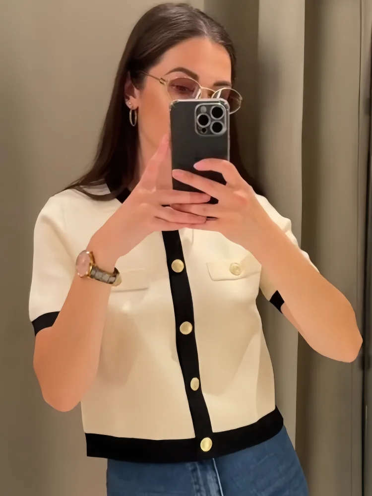 Spring New Women's Fashion and Elegance Slim Fit Versatile Knitted Spliced Short sleeved Coat
