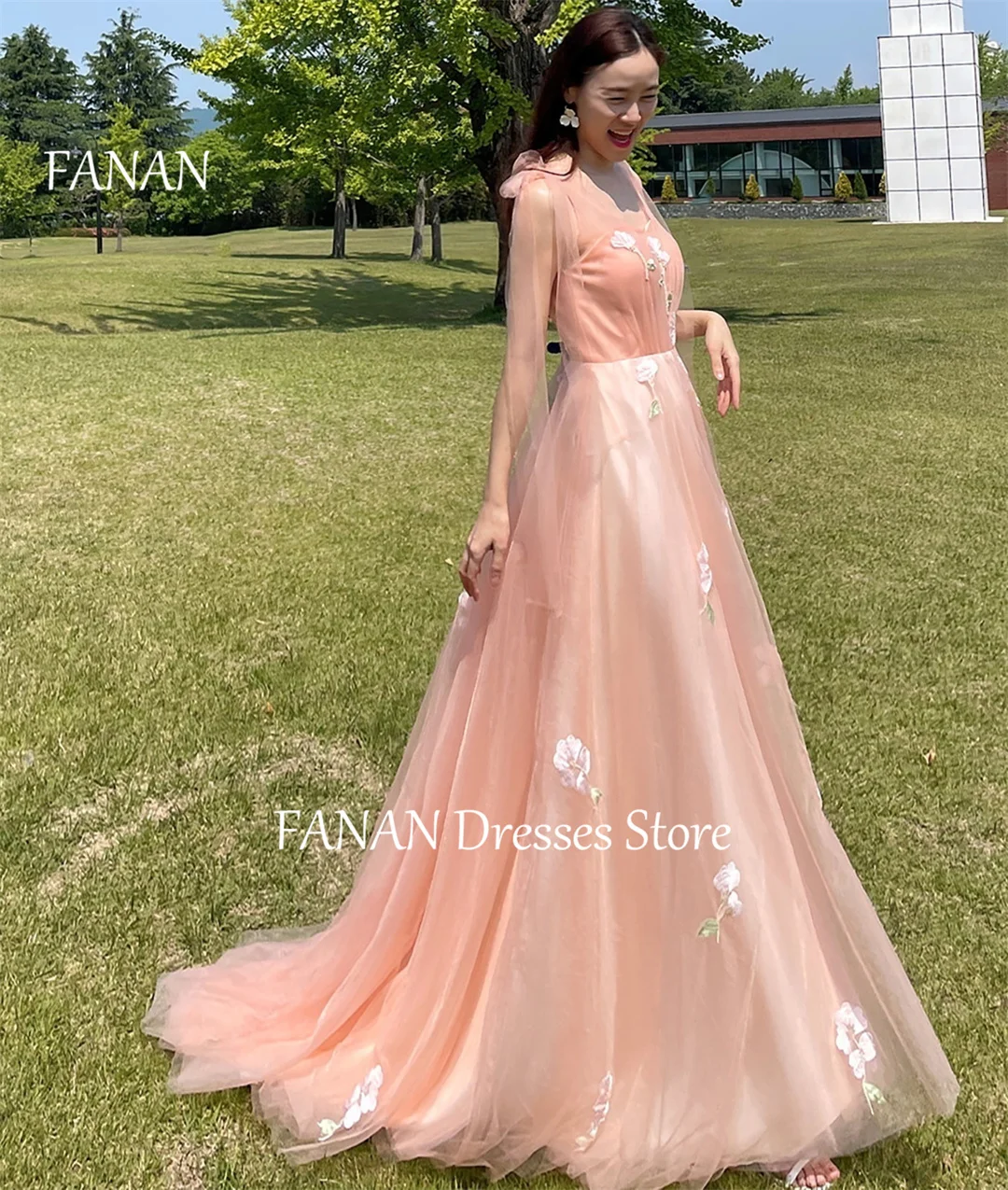 

FANAN Deep V-Neck Evening Party Dresses Appliques Korea Sleeveless Tulle Pink Corset Wedding Women Formal Gowns Event Prom Gowns