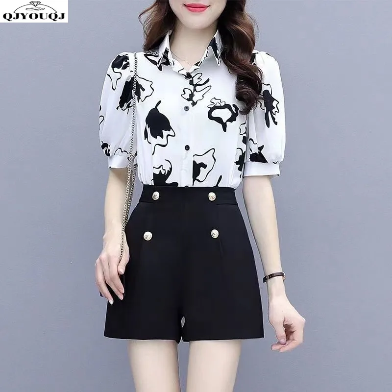 2024 Spring/Summer Korean Edition New Chiffon Shirt Short Sleeve Two Piece Set Thin Style Set A Complete Set of Fashion