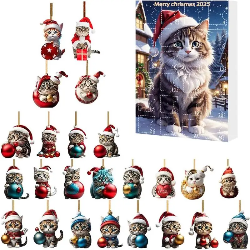 Cat Advent Calendar – 24 Days Christmas Countdown With Cute Kitten Ornaments, Acrylic Cat Tree Pendants, Holiday Decoration Gift