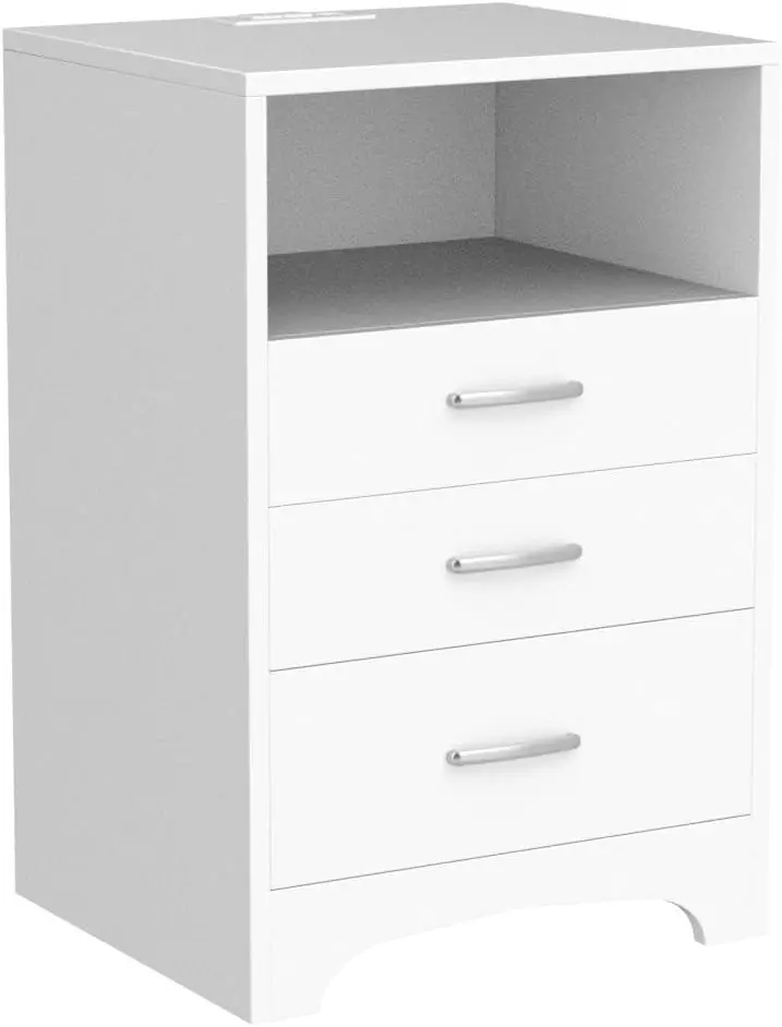 White Nightstand Set of 2 Nightstand with Charging Station, Modern End Side Table with 3 Drawer, Wooden Cabinet Stand by Sofa, B