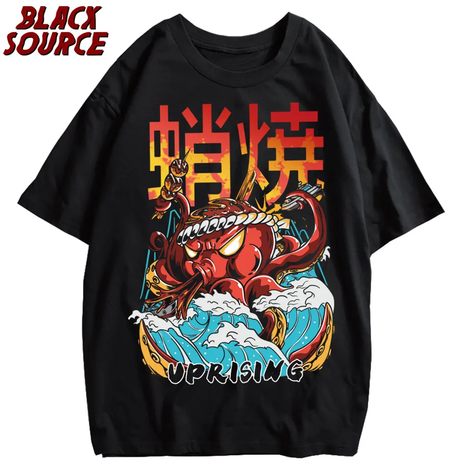 black source ANIME MANGA VINTAGE WASH UNISEX T-SHIRT Octopus Men Harajuku T-Shirt Japanese Style