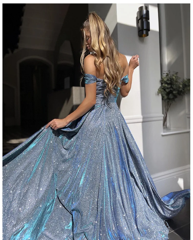 Sexy Backless High Waist Slit Party Dress Fashion Blue Sequined Long Formal Occasion Evening Dress Elegant Dresses for Women