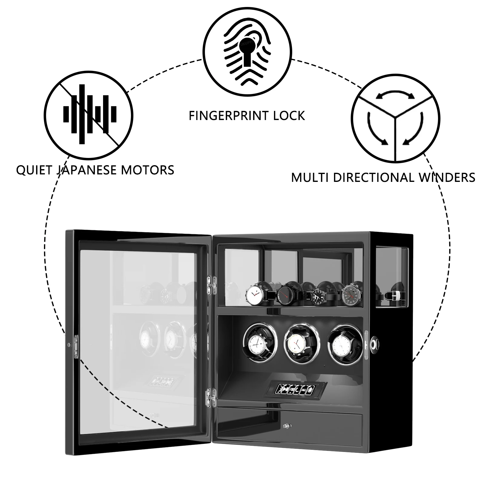 Seccbb23718ce4f259893147233de3fa29 Fingerprint Unlock Automatic Watch Winder 3 Slots Display and Jewelry Storage Drawer Remote Control Watch Safe Box