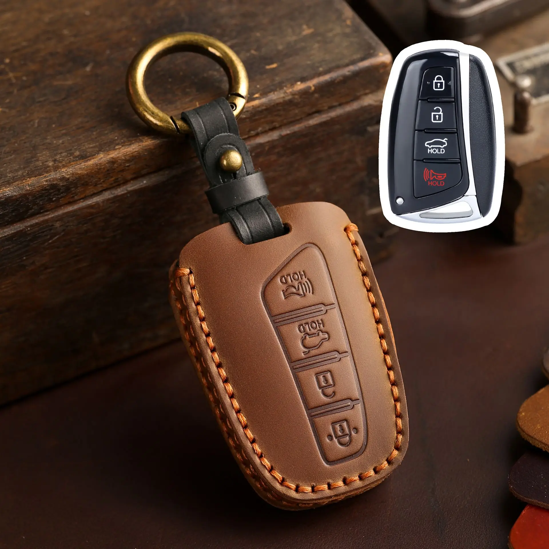 

Crazy Horse Leather Car Key Case Cover for Hyundai Grand Santa Fe IX45 GENESIS EQUUS AZERA 2013 2014 2015 2016 Accessories
