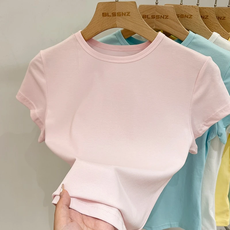 Zjaiss 2026 Sommer Neues Design Slim Fit Basic Top Trendiges Damen Baumwoll-Kurzarm-T-Shirt Einfarbig Vielseitiges O-Neck Tee