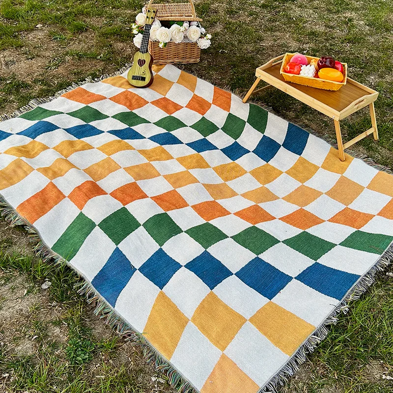 

Nordic Camping Blanket Chess Grid Waterproof Mat Sofa Cover Multifunctional Leisure Blanket For Beds Jacquard Tapestry Bedspread