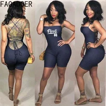 

FAGADOER Sexy Backless Lace Up Romper Women PINK Letter Print Bodycon Jumpsuits Female Fashion Club Party Clothes Playsuits 2022