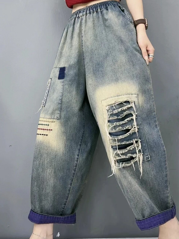 パンツ pan denim baggy roll pants edit for lulu Amax luluE Design Holes Patchwork Denim Pants Women 2024