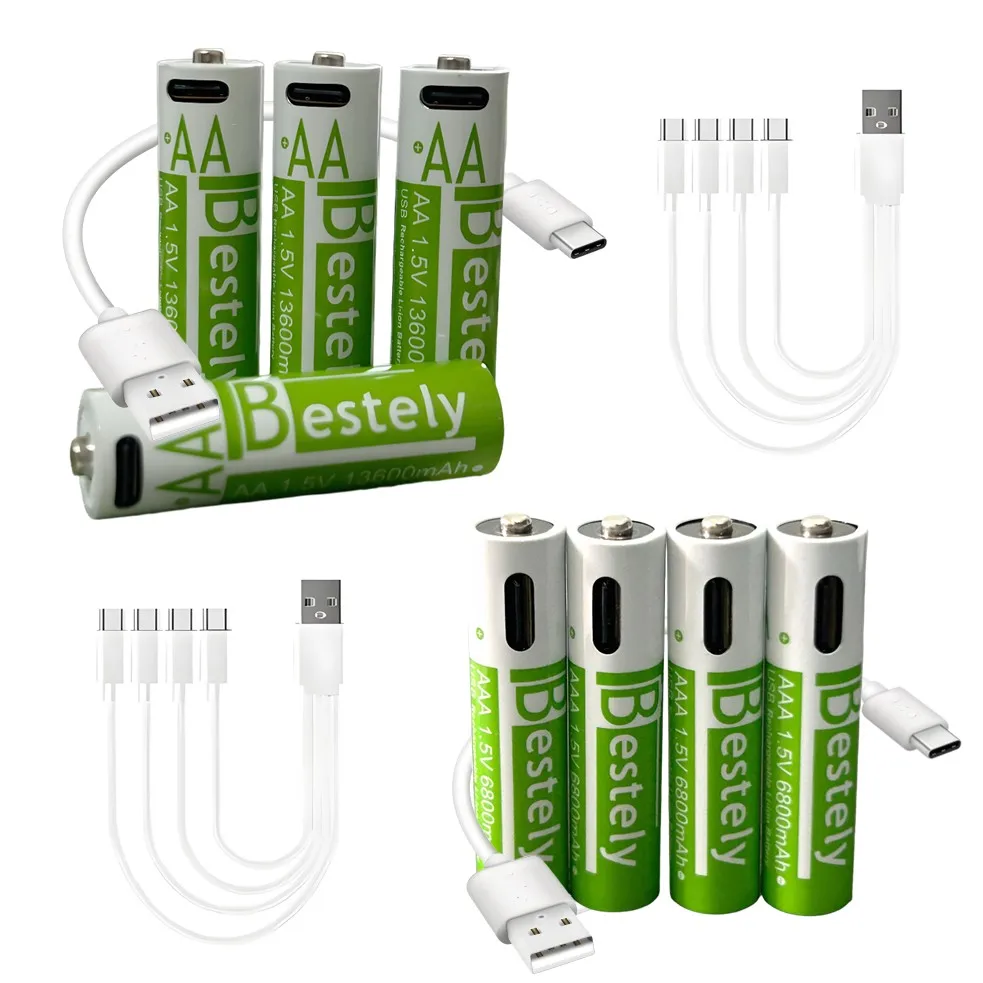 Rechargeable AA Battery13600mAh & AAA Battery 6800mAh,Li-ion Batteries with USB Type C Cables,1.5V Long Life Low Self-discharge 1