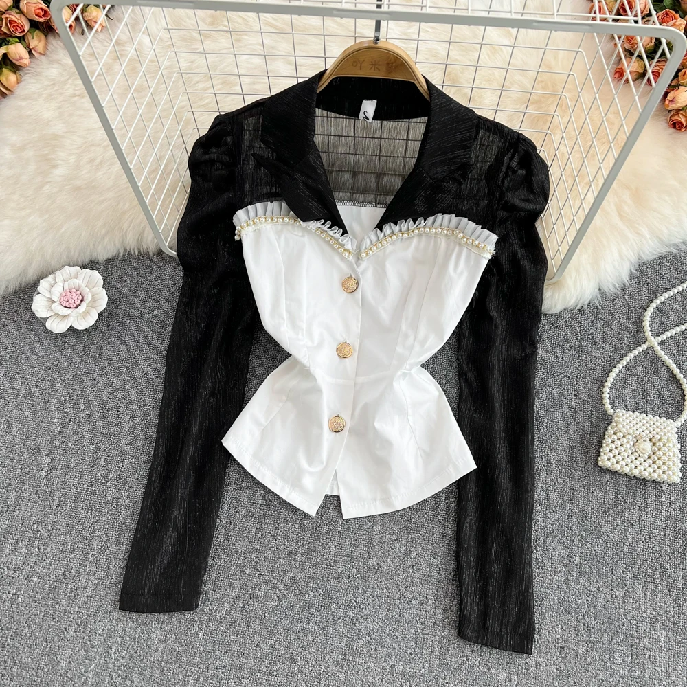 

Весенняя Женская приталенная рубашка контрастного цвета с длинным рукавом, украшенная бусинами и v-образным вырезом, Женская короткая рубашка