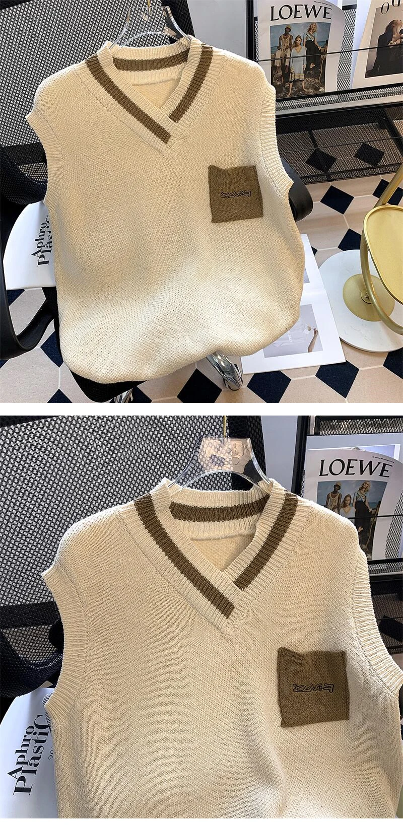 Description Picture 2 of itemSweater Vest Men Spring V-neck Japanese Vintage Contrast Color College Knitted Fashion Loose All-match Sleeveless Clothing V29
