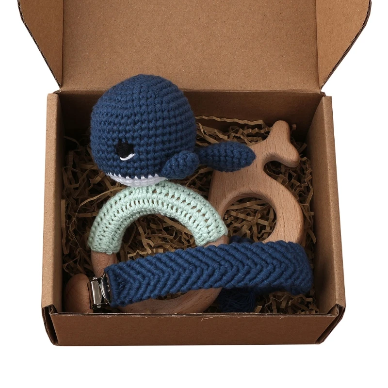 

1 Set Baby Newborn Knitted Cotton Dolphin Wooden Ring Teether+Pacifier Clip Chain Holder DIY Crochet Rattle Bracelet Molar