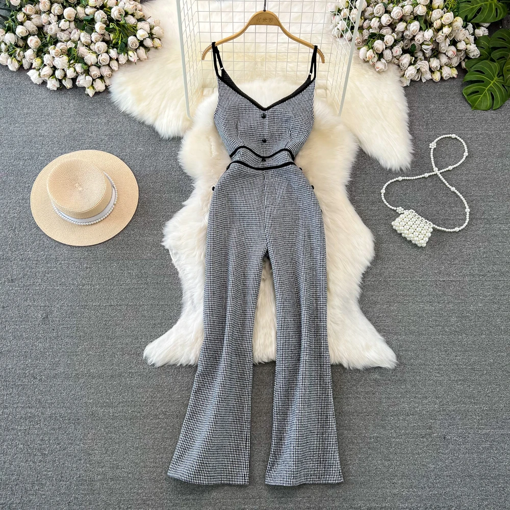 

Women Fashion Houndstooth Print Jumpsuit Spaghetti Strap Slim Soft Wide Leg Bodysuits S-2XL Female Elegant Streetweat Pants