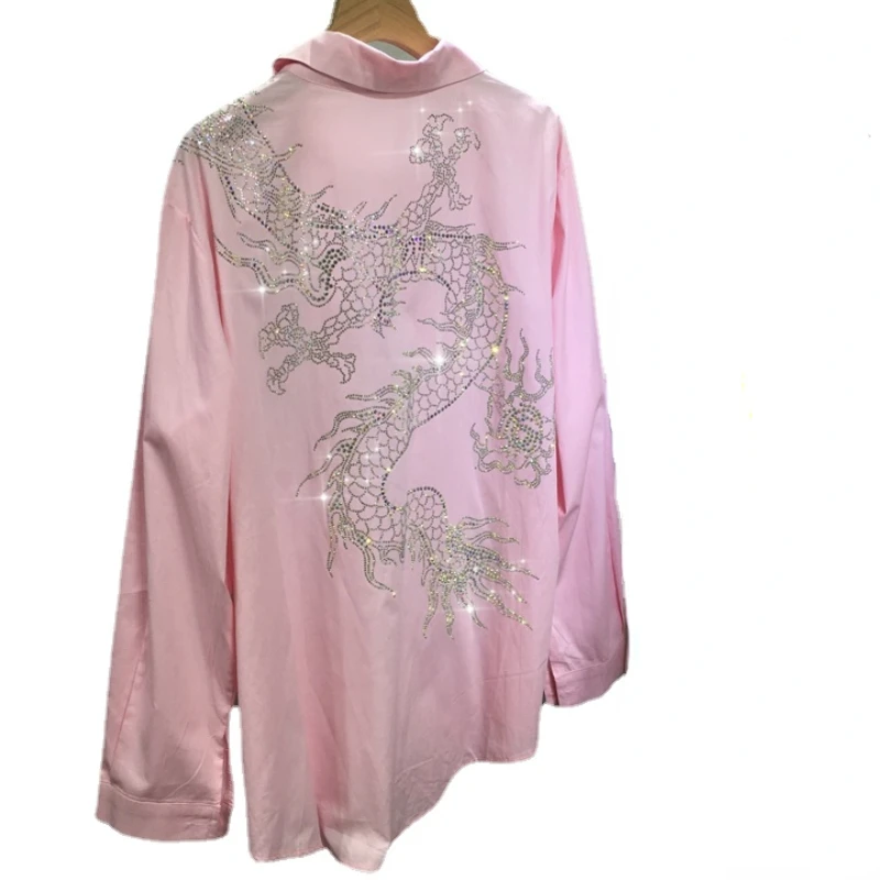 

Heavy Industry Beads Blouses and Tops Women's New Chinese Style Longteng Rhinestone Hot Drill Loose Mid-Length Long Sleeve Shirt
