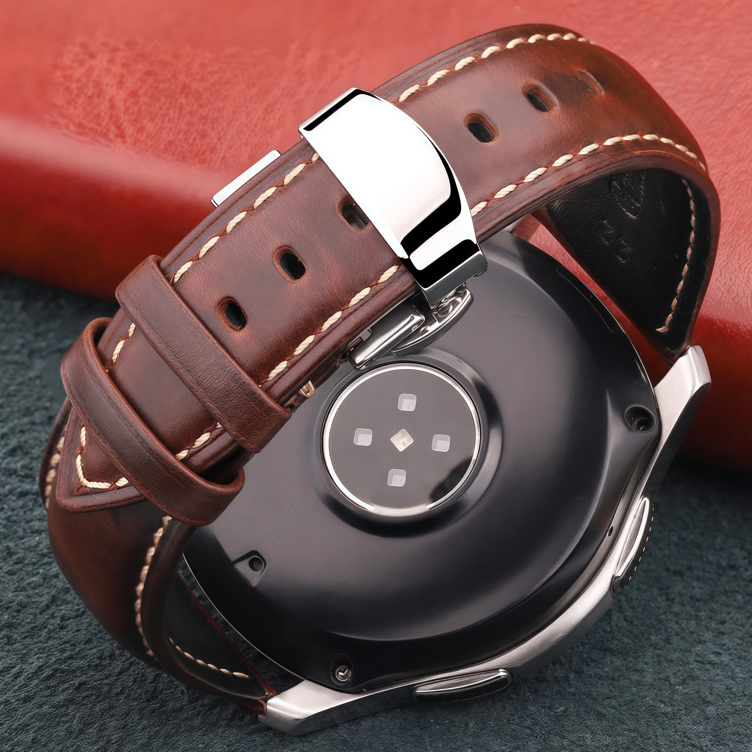 Vintage Genuine Leather Watch Band with Quick Release and Double Push Deployment Clasp