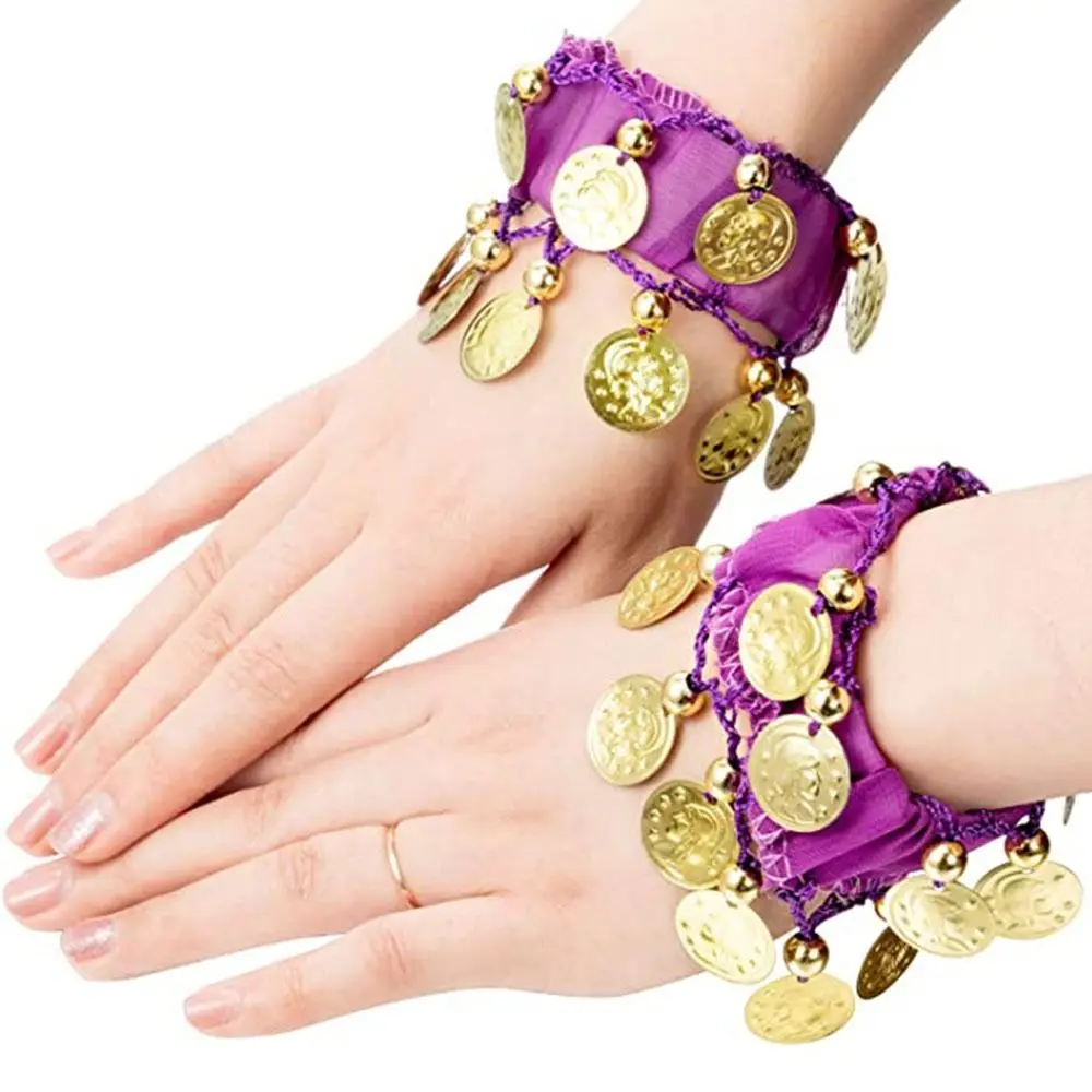 1 paar Bauchtanz Handgelenk Fußfesseln Armbänder Chiffon Gold Münze Rassel Armband Bauchtanz Kostüm Zubehör – Detail 11