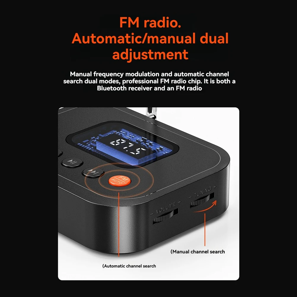 (A75T) 2in1 블루투스 6.0 오디오 수신기 FM 라디오 3.5mm AUX/USB/U 디스크 블루투스 어댑터(스피커 TV PC용 LCD 디스플레이 포함)