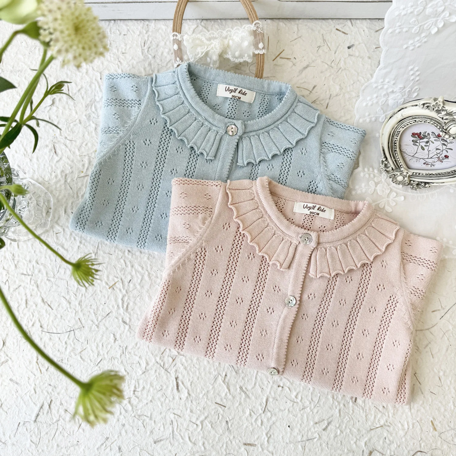 

Spring Fashion New Girl's Knitted Cardigan Treasure Spring Style Cardigan Hundred Pleated Collar Woolen Hollow Knit