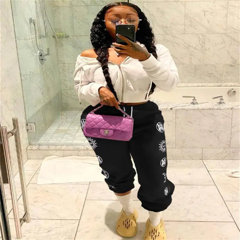 

European and American Fashion High Waist Printed Trousers Street Retro Women's Printed Stacked Baggy Leggings