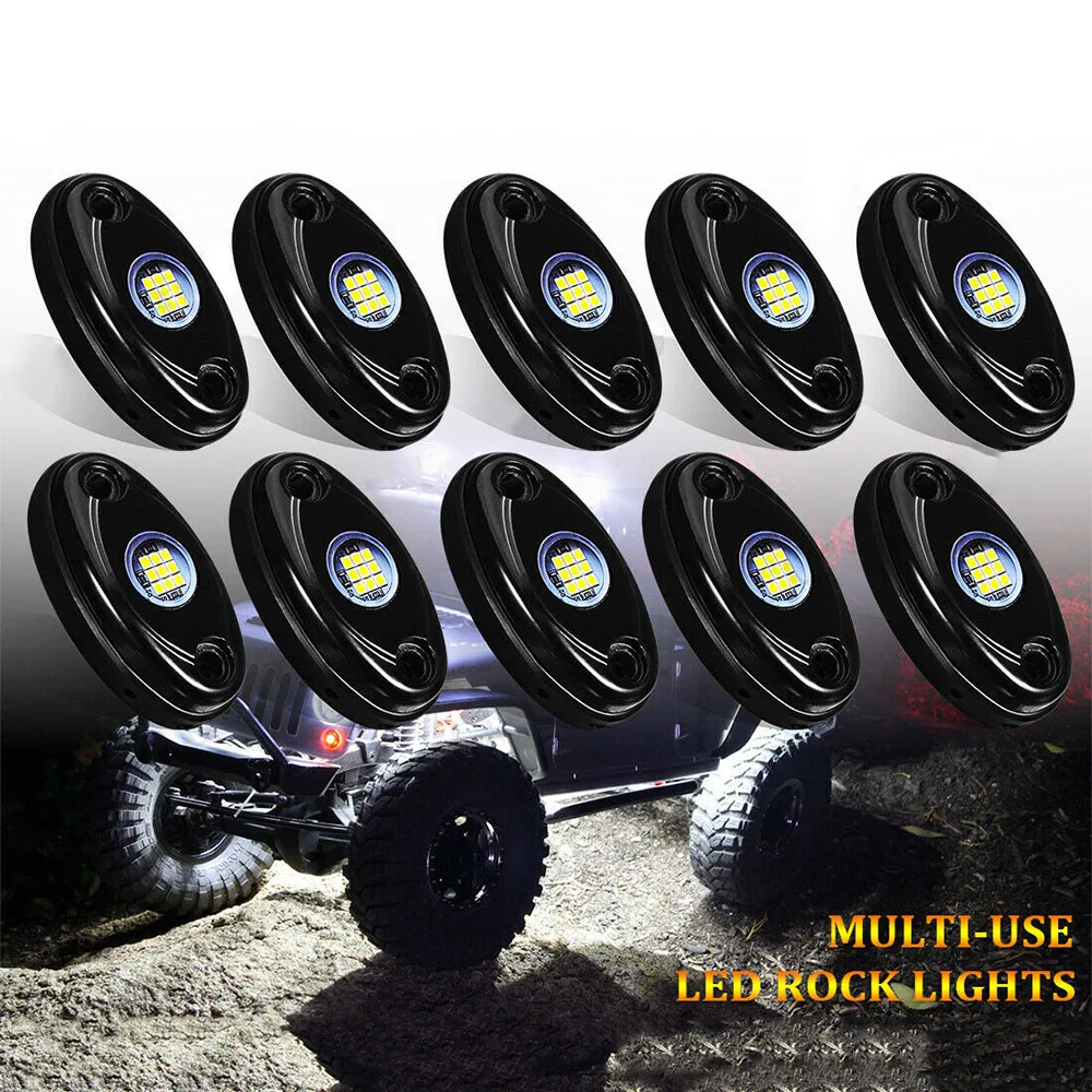 

10Pods White 9 LED Rock Lights Kit Car Atmosphere Lamp for Offroad Truck SUV 4x4 ATV Boat LED Underglow Trail Rig Lights