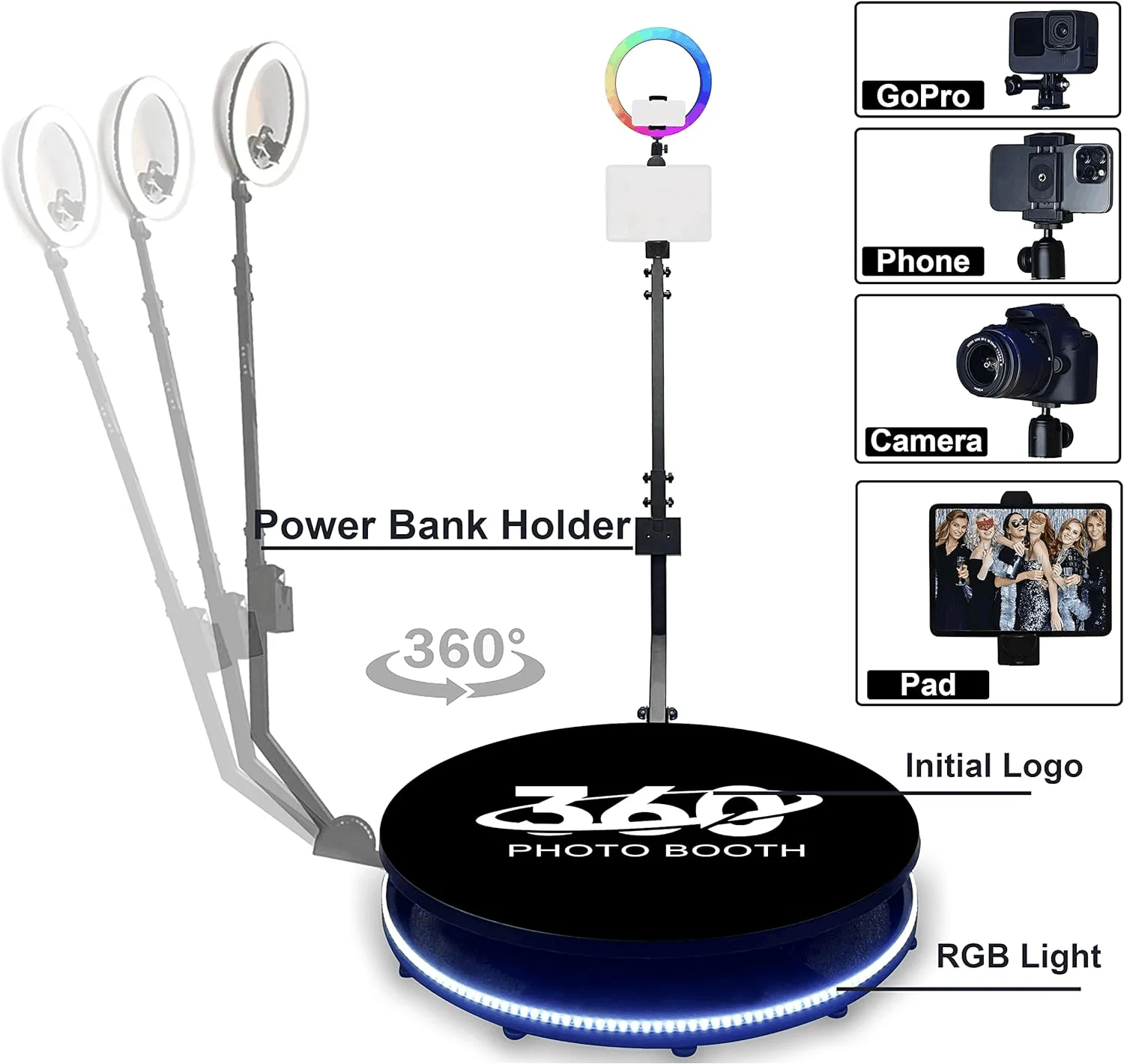 휴대용 360 사진 부스 회전 기계, 그림 자동 360 비디오 사진 부스, 비행 케이스 포함, 80 100 115cm 파티 결혼식