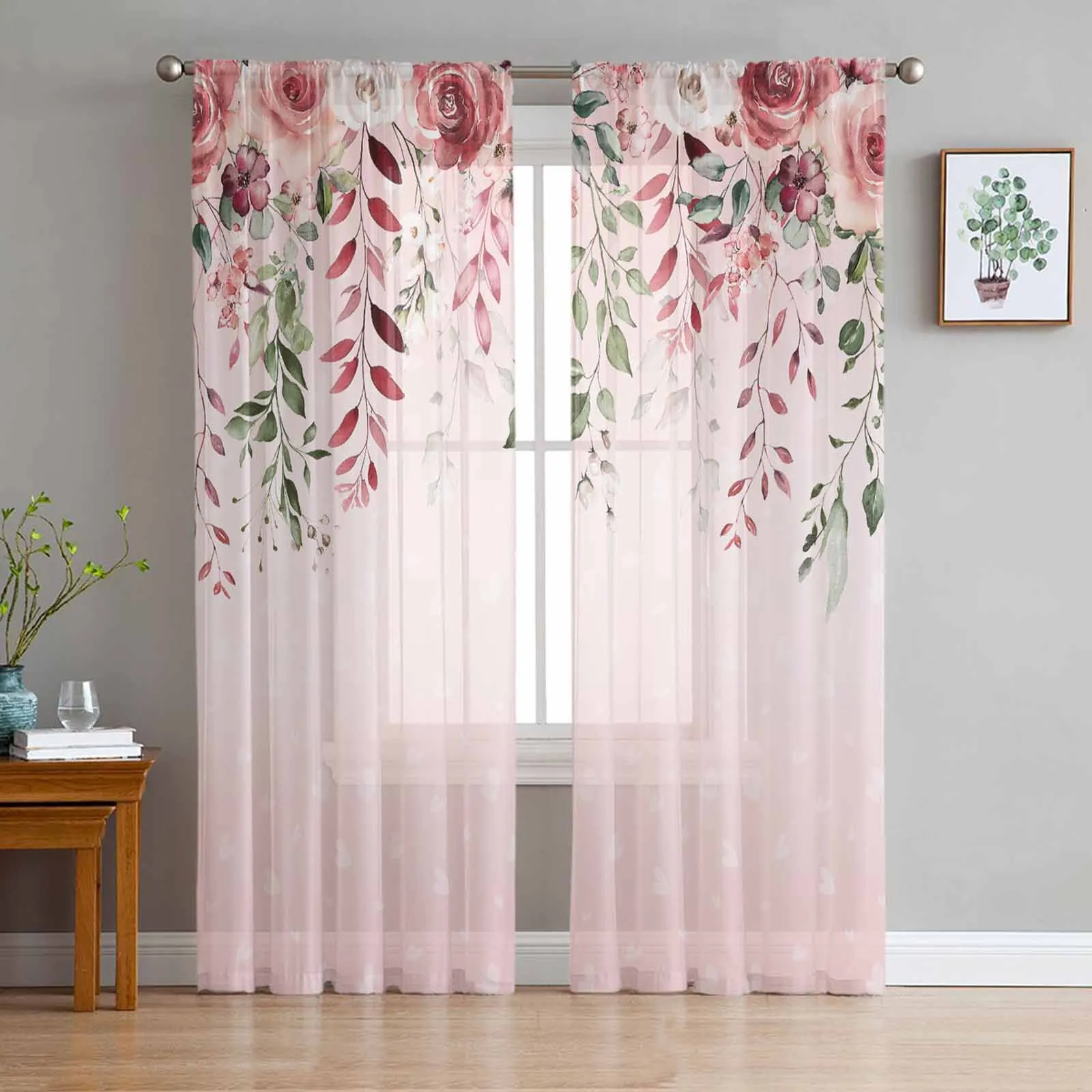 

Valentine'S Day Rose Leaf Plant Flower Pink Tulle Voile Curtains for Bedroom Living Room Window Curtain Sheer Organza Drapes