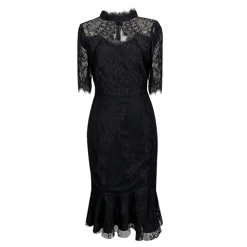 

Summer French Retro Cheongsam Hollow Lace Stand Collar Fishtail Sexy Dress
