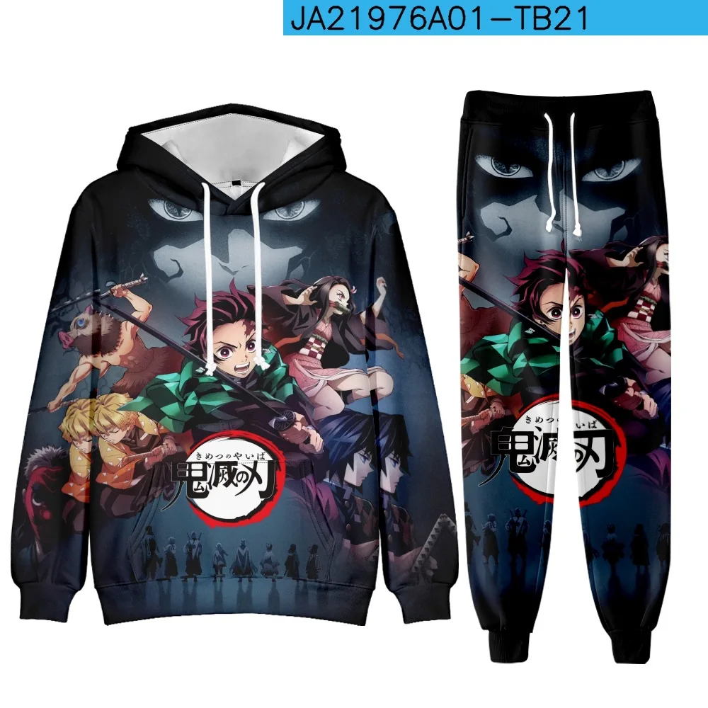 Anime Demon Slayer Hoodies 3D Printed Cosplay pants+Hoodie 2PCS Set Tracksuit Men Oversize Vintage Streetwear Hoodie Pants Sets 2