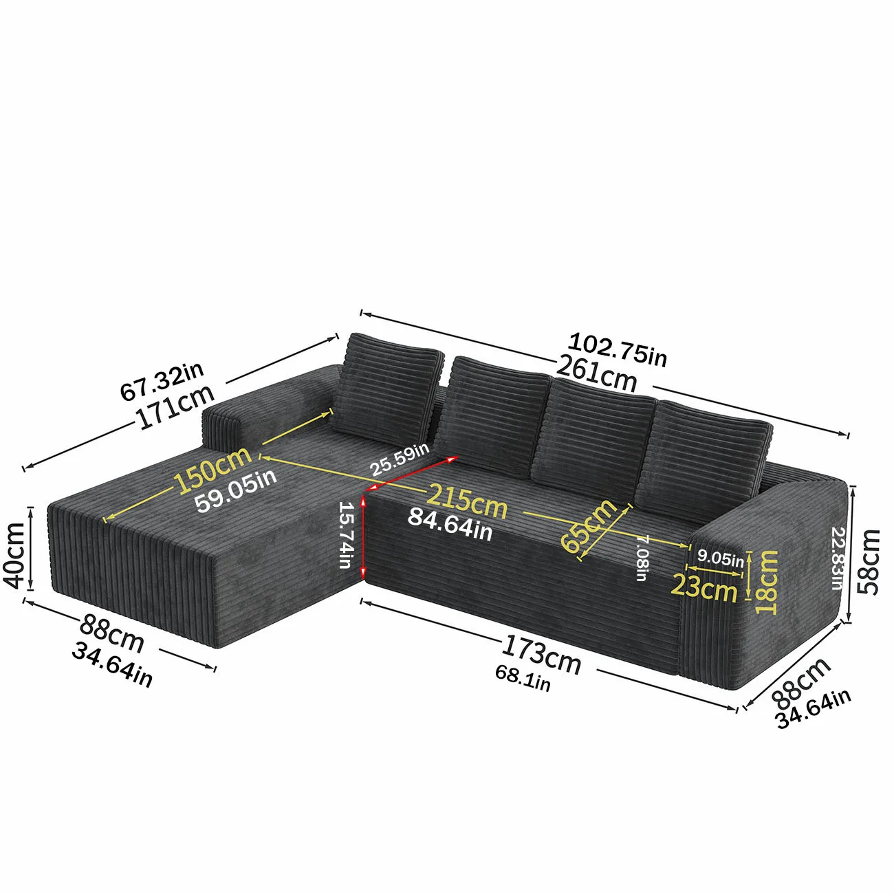 Modulares Sofaset mit Chaiselongue, weichem Cordstoff, hochdichtem Schaumstoff, DIY-Kombination, geeignet für Wohnzimmer, Apartment – Detail 7
